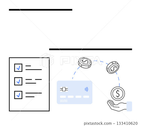 Credit card, flying coins, checklist, and hand catching coins. Ideal for financial services, banking, digital transactions, online shopping budgeting financial management and e-commerce. Line 133410620
