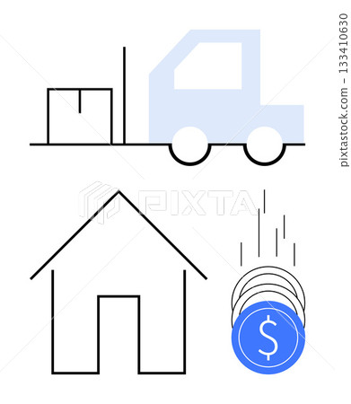 Abstract elements include a truck with a box, house outline, falling coins with dollar signs. Ideal for logistics, delivery services, home economics, real estate, financial savings, money management 133410630