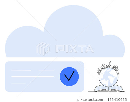 Cloud icon above text box with check mark globe with plants on book symbolizes global learning. Ideal for education, technology, learning platforms, global connectivity, knowledge sharing 133410633