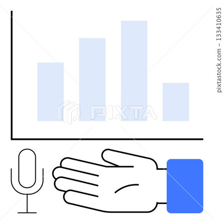 Bar graph with four bars, hand gesturing towards it, alongside microphone symbol. Ideal for business presentations, data analysis, public speaking, reports, communication, leadership conferences 133410635