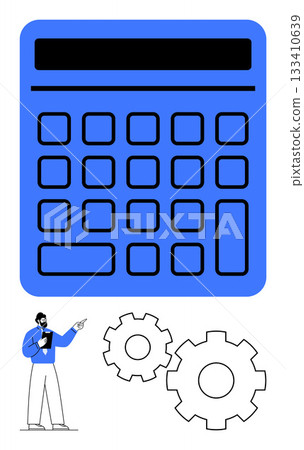 Calculator and businessperson pointing, gears below. Ideal for business strategy, finance, operations, planning, management, process optimization economic analysis. Line metaphor Calculator and businessperson pointing, gears below. Ideal for business strategy, finance, operations, planning, management, process optimization economic analysis. Line metaphor 133410639