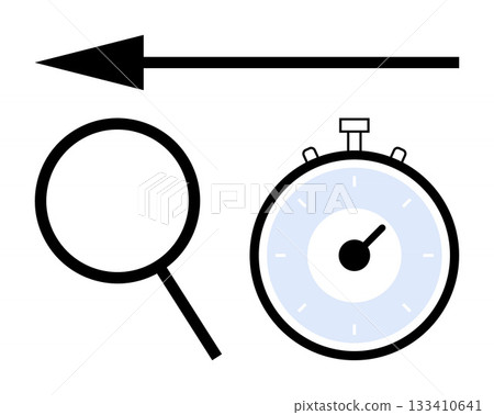 Arrow pointing left magnifying glass and stopwatch symbolize direction inquiry, and time management. Ideal for research, analysis, goals, efficiency, navigation, time tracking. Line metaphor Arrow pointing left magnifying glass and stopwatch symbolize direction inquiry, and time management. Ideal for research, analysis, goals, efficiency, navigation, time tracking. Line metaphor 133410641