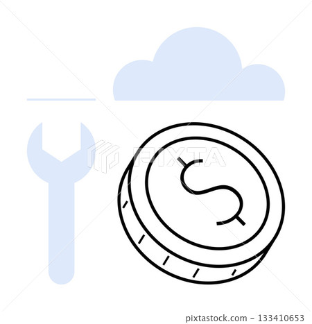 Wrench, coin featuring dollar sign, and cloud conveying maintenance, financial management, technology, online services, cloud computing, system integration business operations. Line metaphor Wrench, coin featuring dollar sign, and cloud conveying maintenance, financial management, technology, online services, cloud computing, system integration business operations. Line metaphor 133410653