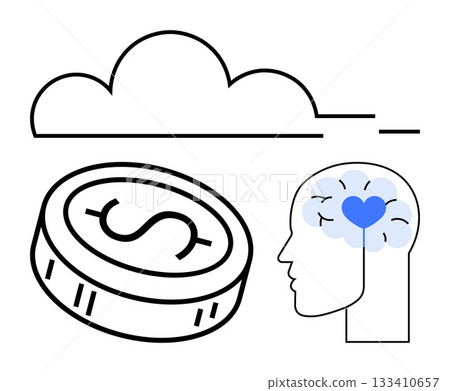 Coin with dollar sign, head with heart in brain, and cloud lines. Ideal for finance, mental health, cloud computing, innovation, technology business strategy lifestyle concepts. Line metaphor Coin with dollar sign, head with heart in brain, and cloud lines. Ideal for finance, mental health, cloud computing, innovation, technology business strategy lifestyle concepts. Line metaphor 133410657