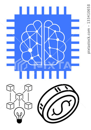Microchip with brain represents AI advancement, blockchain network with lightbulb, dollar coin symbol for cryptocurrency. Ideal for technology, innovation, finance, digital transformation 133410658