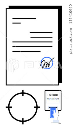 Signed legal document with a focus target symbol and HS Code entry interface by hand. Ideal for legal, business, authentication, customs, documentation, logistics, and verification. Line metaphor 133410660