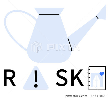 Watering can with RISK letters, exclamation triangle, notebook with heart icon. Ideal for health, personal growth, cautionary advice, safety, garden care wellness tips risk management. Line Watering can with RISK letters, exclamation triangle, notebook with heart icon. Ideal for health, personal growth, cautionary advice, safety, garden care wellness tips risk management. Line 133410662