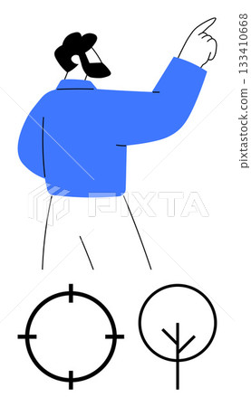 Businessman pointing upwards in a blue shirt, two icons below showing target focus and tree growth. Ideal for business strategy, vision, goals, leadership, growth, future planning motivation. Line Businessman pointing upwards in a blue shirt, two icons below showing target focus and tree growth. Ideal for business strategy, vision, goals, leadership, growth, future planning motivation. Line 133410668
