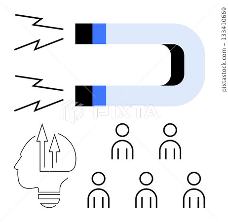 Magnet with force lines attracting a light bulb head with arrows and five people figures. Ideal for leadership, innovation, inspiration, teamwork, growth, communication, and community. Line metaphor 133410669