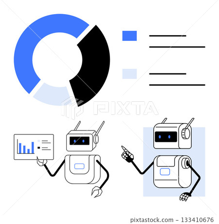 Pie chart, two robots presenting data with charts and infographics. Ideal for data analytics, tech innovations, artificial intelligence, robotics, machine learning, digital transformation 133410676