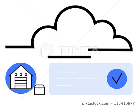 Cloud graphic connected to warehouse icon and checklist with a tick mark. Ideal for cloud storage, logistics, warehouse management, document tracking, inventory control, digital organization 133410677