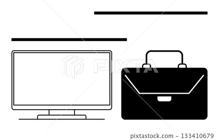 Desktop computer monitor next to a briefcase with horizontal lines. Ideal for business, finance, office, professional work, corporate, technology, and modern workplace themes. Line metaphor 133410679