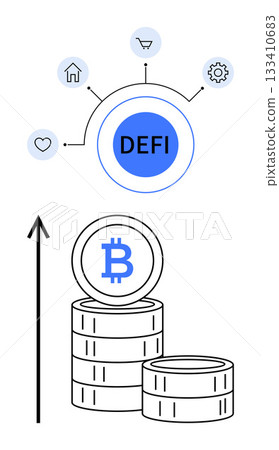 Circular node with DeFi label icons for home cart gear heart. Stacks of coins Bitcoin symbol upward arrow. Ideal for finance crypto, innovation, tech, economy, growth, future. Line metaphor 133410683