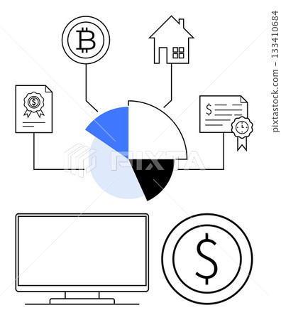 Financial pie chart connected to cryptocurrency, real estate, and documents. Sections include Bitcoin, home, certificates, dollar, and computer. Ideal for finance investment real estate Financial pie chart connected to cryptocurrency, real estate, and documents. Sections include Bitcoin, home, certificates, dollar, and computer. Ideal for finance investment real estate 133410684