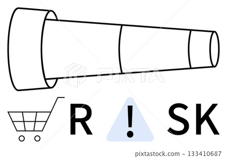 Shopping cart, RISK text with warning sign replacing I, telescope. Ideal for business strategy, financial planning, market analysis, investment advisory, e-commerce strategies, risk assessment Shopping cart, RISK text with warning sign replacing I, telescope. Ideal for business strategy, financial planning, market analysis, investment advisory, e-commerce strategies, risk assessment 133410687