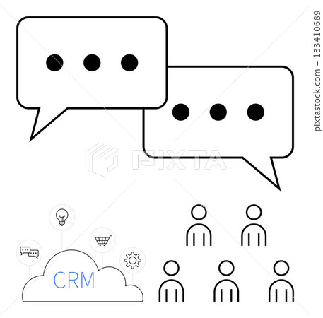 Speech bubbles with ellipses, user icons, CRM cloud symbol with shopping cart, gear, and lightbulb. Ideal for business communication, customer relationship, teamwork, feedback, conversation Speech bubbles with ellipses, user icons, CRM cloud symbol with shopping cart, gear, and lightbulb. Ideal for business communication, customer relationship, teamwork, feedback, conversation 133410689