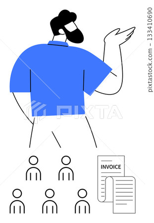 Businessman presenting to six members, invoice document. Ideal for presentations, seminars, business meetings, financial topics, accounting, leadership, teamwork Line metaphor Businessman presenting to six members, invoice document. Ideal for presentations, seminars, business meetings, financial topics, accounting, leadership, teamwork Line metaphor 133410690