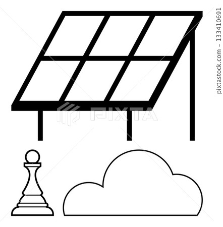 Solar panel, chess pawn, and cloud outline representing clean energy, strategic decisions, and cloudy weather. Ideal for renewable energy, strategic planning, environmental campaigns, weather Solar panel, chess pawn, and cloud outline representing clean energy, strategic decisions, and cloudy weather. Ideal for renewable energy, strategic planning, environmental campaigns, weather 133410691