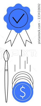 Blue ribbon with checkmark, paintbrush, and stack of coins. Ideal for art quality, creativity, financial success, awards, achievements recognition marketing. Line metaphor 133410692