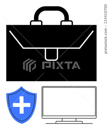 Black briefcase, white computer monitor outlined in black, and blue shield with white cross conveying business, health, and technology security. Ideal for finance, medical, IT, business protection 133410700