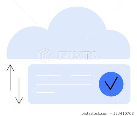 Cloud graphic with data syncing arrows and blue circle checkmark representing secure cloud storage. Ideal for data backup, cloud services, security, technology, IT services, app development, network Cloud graphic with data syncing arrows and blue circle checkmark representing secure cloud storage. Ideal for data backup, cloud services, security, technology, IT services, app development, network 133410708