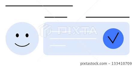 Happy face icon next to a rectangular text box containing a blue checkmark. Ideal for user approval, verification, satisfaction, validation, feedback, quality assurance, and positive review themes 133410709