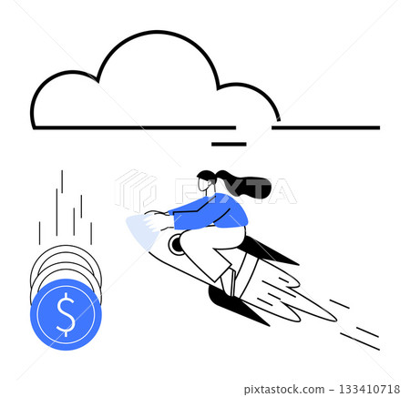 Woman riding rocket towards falling dollar coins under a cloud. Ideal for entrepreneurship, startup success, financial growth, business goals, ambition, innovation, economic advancement. Line 133410718
