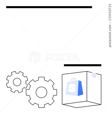 Two interlocking gears adjacent to a box with a shopping bag icon. Ideal for ecommerce, automation, engineering, retail, technology, logistics, and productivity. Line metaphor Two interlocking gears adjacent to a box with a shopping bag icon. Ideal for ecommerce, automation, engineering, retail, technology, logistics, and productivity. Line metaphor 133410725