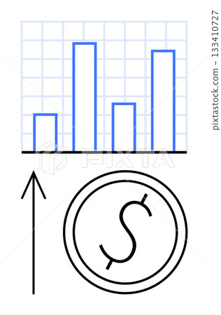Bar chart indicating growth with an upward arrow and a dollar coin symbolizing financial success Ideal for business strategies, financial reports, economics studies, investment opportunities, market 133410727