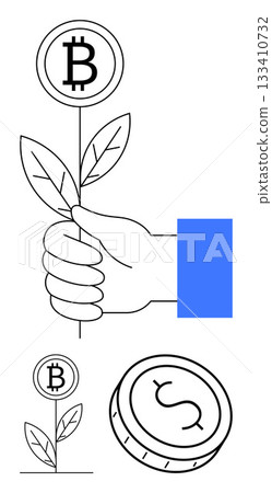 Hand holding plant with Bitcoin sign as leaves, alongside a sprouting plant and a traditional coin. Ideal for financial growth, cryptocurrency, digital assets, investment strategies, fintech 133410732