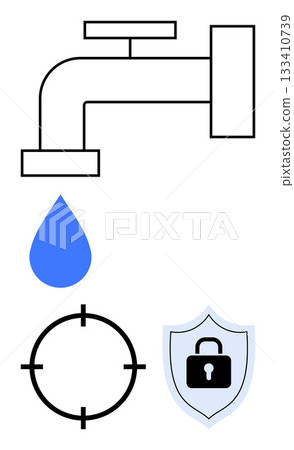 Faucet with blue water drop, target, and shield with lock. Ideal for environmental awareness, water management, conservation efforts, security, hygiene sustainability plumbing. Line metaphor Faucet with blue water drop, target, and shield with lock. Ideal for environmental awareness, water management, conservation efforts, security, hygiene sustainability plumbing. Line metaphor 133410739