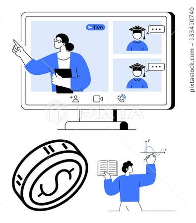 Woman teaching online class on screen with two students, digital dollar coin, teacher explaining graph using textbook. Ideal for e-learning, online meetings, webinars, remote work, education 133410740