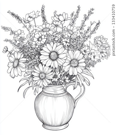 Wildflower vase line art floral coloring page 133410759