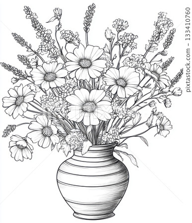 Flower bouquet in vase coloring page illustration 133410760