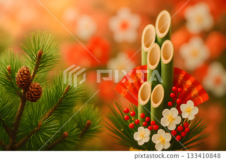 新年背景，包含門松、松樹和梅花。 133410848