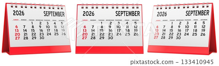 Desk calendars September 2026. Front and side views, 3D rendering 133410945