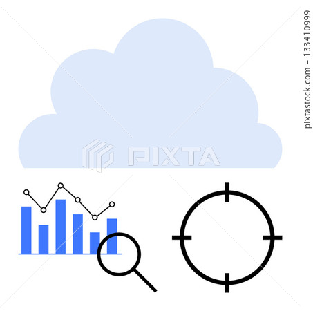 Cloud symbol above a bar graph with a magnifying glass and a target icon. Ideal for cloud services, data analysis, technology solutions, marketing strategies, business insights, goal setting, and IT Cloud symbol above a bar graph with a magnifying glass and a target icon. Ideal for cloud services, data analysis, technology solutions, marketing strategies, business insights, goal setting, and IT 133410999