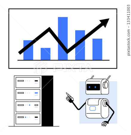 Growth chart with arrow and bars server rack, robot with raised arm. Ideal for data analytics, technology, automation, AI, growth, progress, robotics. Line metaphor 133411003