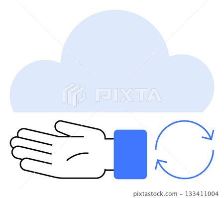 Hand below a cloud with circular arrows. Ideal for depicting cloud computing, data synchronization, server integration, technology services, digital communication, cloud storage, IT solutions. Line 133411004