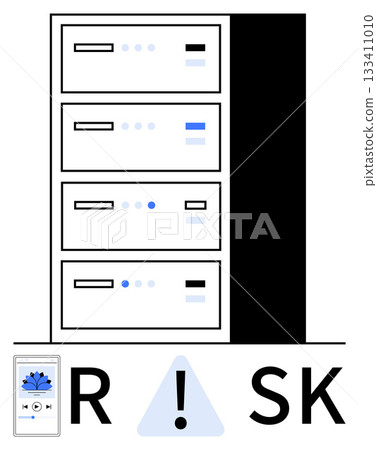 Data server rack with multiple panels and warning RISK along with integrated music player. Ideal for data security, IT, technology, risk management, server maintenance, system alerts. Line metaphor 133411010