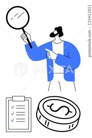 Man holding magnifying glass pointing at checklist and coin. Ideal for financial planning, business analysis, auditing, money management, investment, research, and strategic evaluation. Line metaphor Man holding magnifying glass pointing at checklist and coin. Ideal for financial planning, business analysis, auditing, money management, investment, research, and strategic evaluation. Line metaphor 133411011