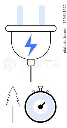 Large power plug with lightning circular timer, tree symbol. Ideal for themes energy efficiency, environmental conservation, sustainability, renewable energy, electricity, timing, ecological 133411012