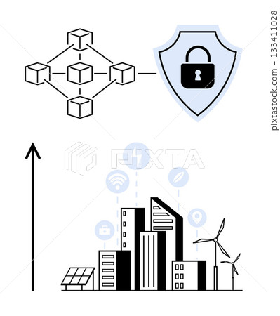 Blockchain nodes linked to a padlock shield modern cityscape with solar panels wind turbines. Ideal for technology, security, sustainability, innovation, smart city, energy, progress. Line metaphor 133411028