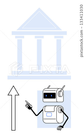 Robot pointing upwards at classical building with columns, symbolizing technological advancement in traditional institutions. Ideal for technology, education, innovation, transformation, robotics 133411030