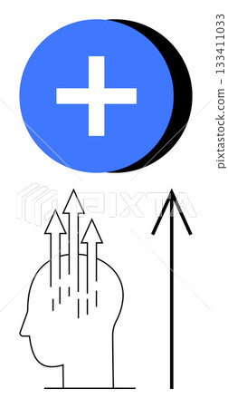Plus sign above head with upward arrows, and single large arrow pointing up. Ideal for personal development, mental health, motivation, growth mindsets, positivity, success educational themes. Line Plus sign above head with upward arrows, and single large arrow pointing up. Ideal for personal development, mental health, motivation, growth mindsets, positivity, success educational themes. Line 133411033