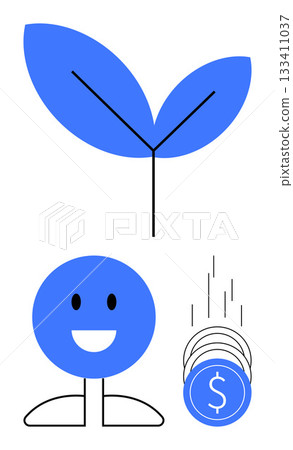 Plant sprout symbolizing growth, a happy figure depicting positivity, and falling coins representing financial success. Ideal for business growth, investment, entrepreneurship, personal finance 133411037