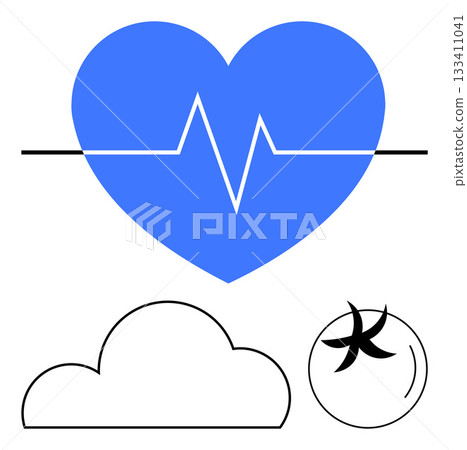 Blue heart with white ECG line, black outlined cloud, black starfish in a circle. Ideal for health, weather, nature, fitness, medical wellness and environment. Line metaphor Blue heart with white ECG line, black outlined cloud, black starfish in a circle. Ideal for health, weather, nature, fitness, medical wellness and environment. Line metaphor 133411041