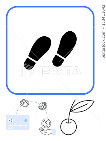 Black footprints, a credit card, coins, a hand, and a growing plant. Ideal for finance, savings, investments personal finance financial planning growth strategy startup success. Line metaphor 133411042