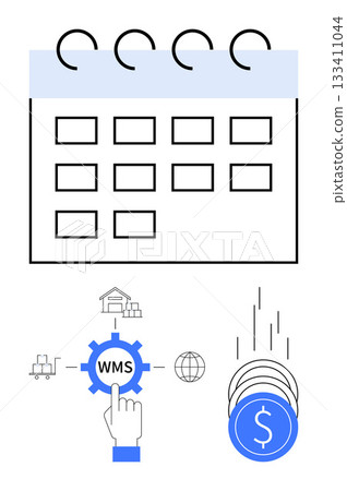 Calendar and icons with logistics, warehouse, and monetary elements. Ideal for planning, logistics, inventory management, financial planning, time management, e-commerce and business strategies 133411044