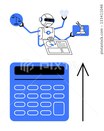 Multi-armed robot working with scales, blueprint, robotic arm, light bulb, and calculator. Ideal for technology, automation, AI robotics multitasking innovation and productivity. Line metaphor Multi-armed robot working with scales, blueprint, robotic arm, light bulb, and calculator. Ideal for technology, automation, AI robotics multitasking innovation and productivity. Line metaphor 133411046